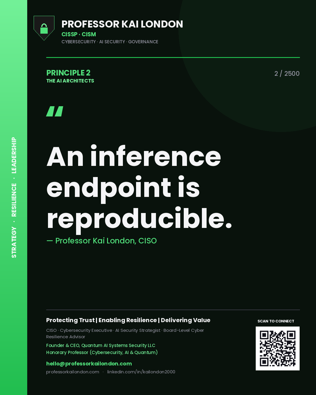 Quote card by Professor Kai London reading 'An inference endpoint is reproducible.'. From the book The AI Architects.