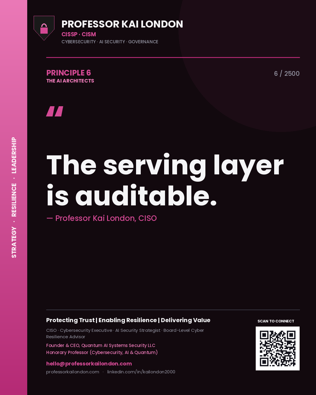 Quote card by Professor Kai London reading 'The serving layer is auditable.'. From the book The AI Architects.