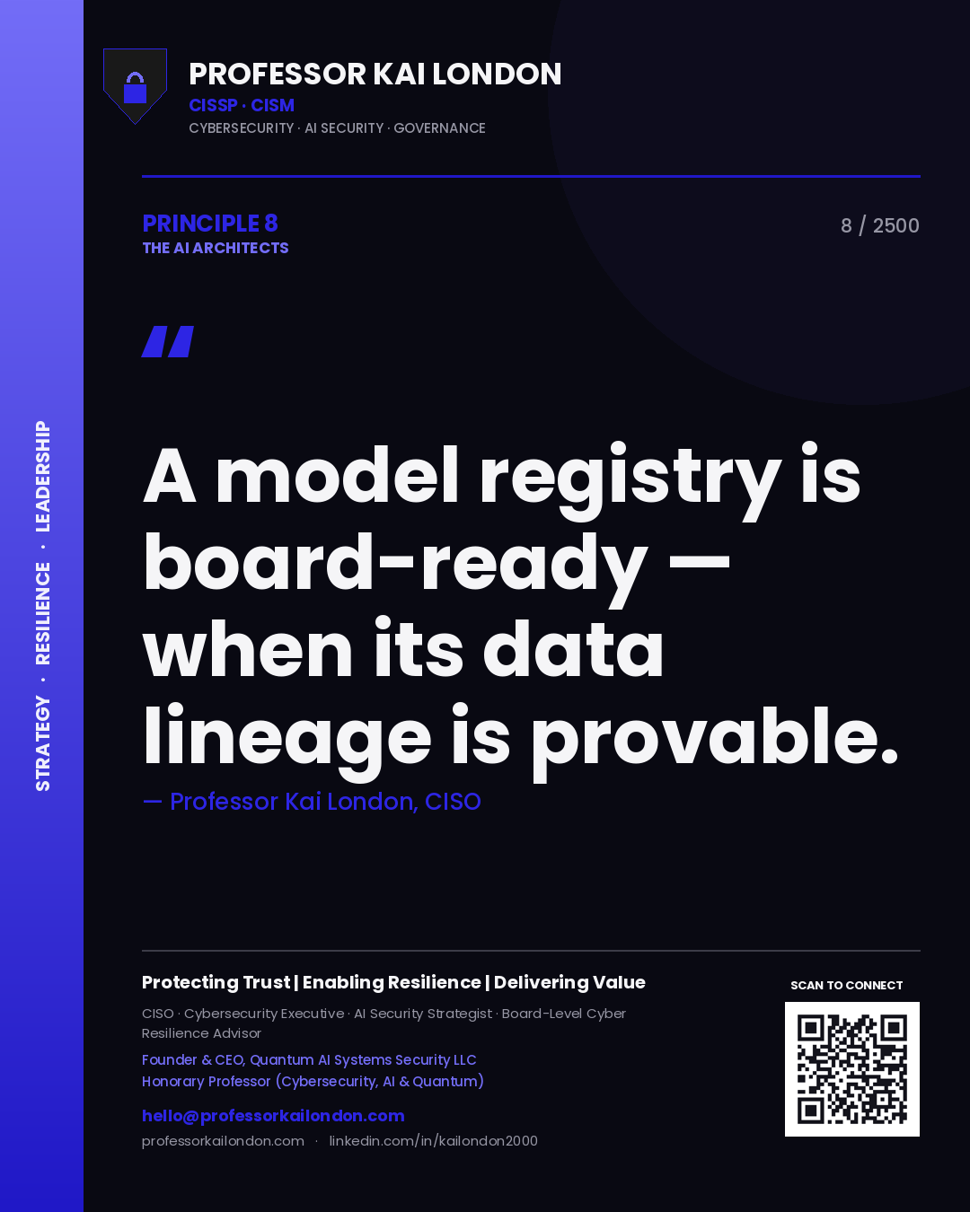 Quote card by Professor Kai London reading 'A model registry is board-ready — when its data lineage is provable.'. From the book The AI Architects.