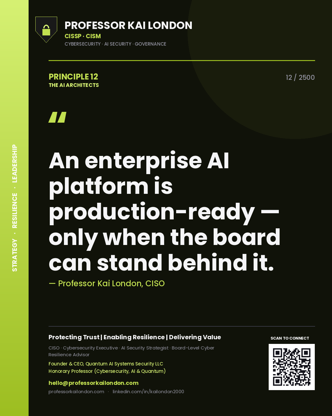Quote card by Professor Kai London reading 'An enterprise AI platform is production-ready — only when the board can stand behind it.'. From the book The AI Architects.