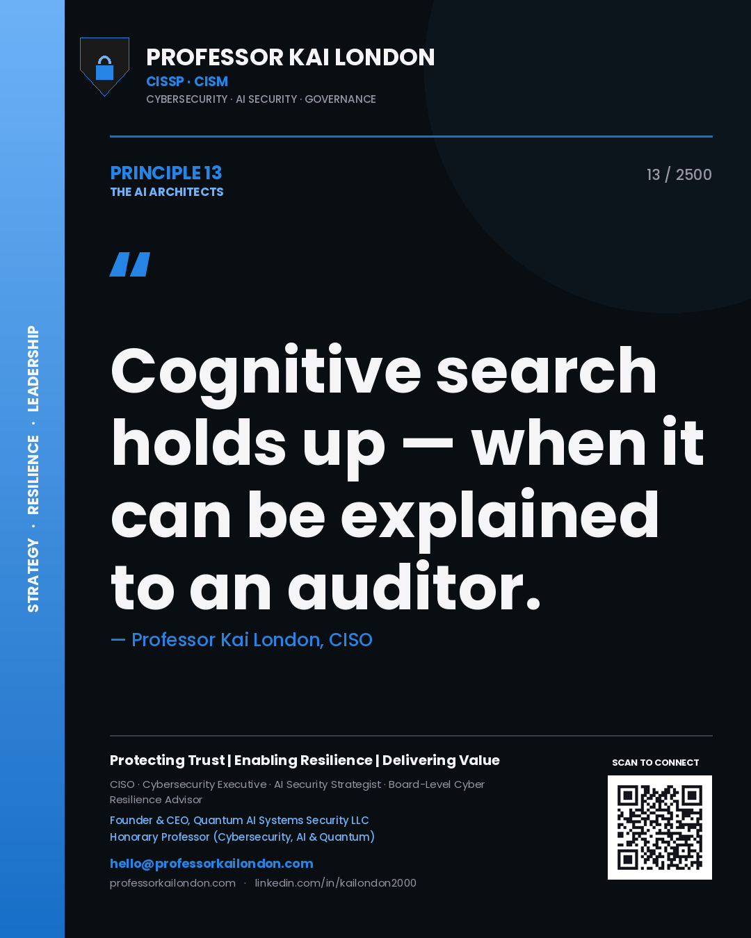 Quote card by Professor Kai London reading 'Cognitive search holds up — when it can be explained to an auditor.'. From the book The AI Architects.
