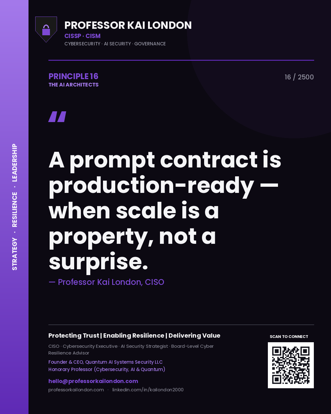 Quote card by Professor Kai London reading 'A prompt contract is production-ready — when scale is a property, not a surprise.'. From the book The AI Architects.