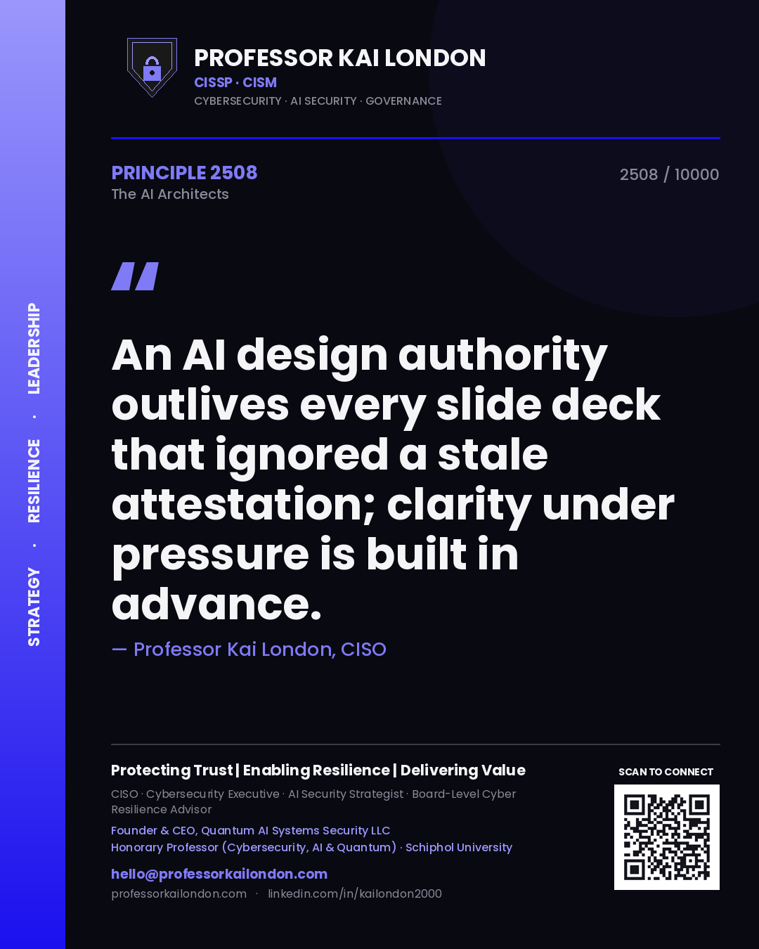 Quote card by Professor Kai London reading 'An AI design authority outlives every slide deck that ignored a stale attestation; clarity under pressure is built in advance.'. From the book The AI Architects.
