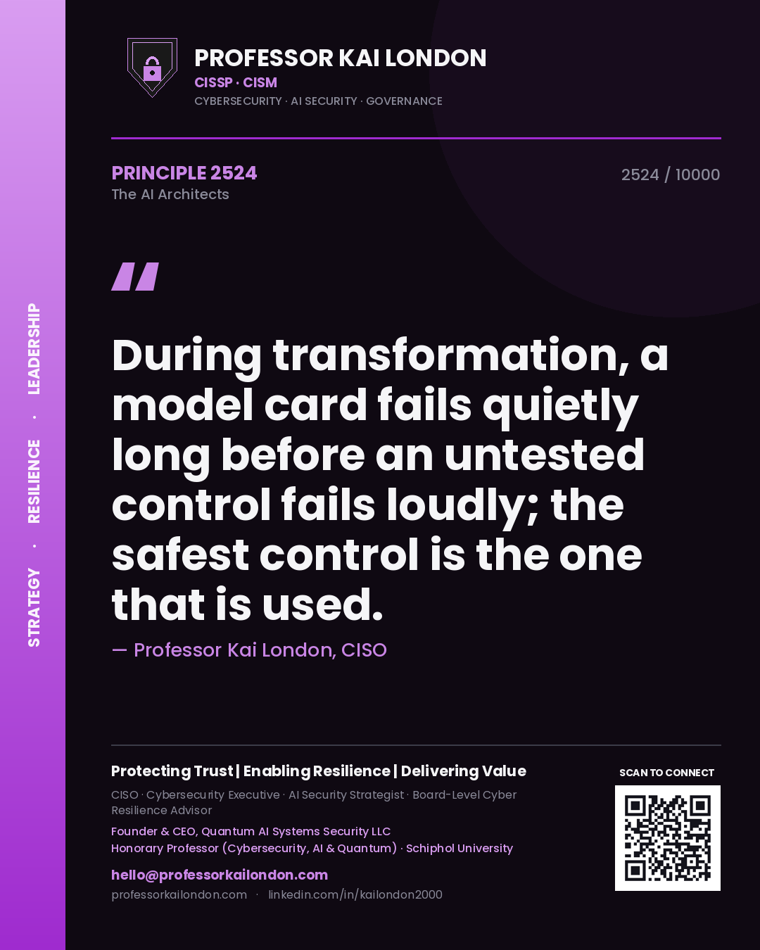 Quote card by Professor Kai London reading 'During transformation, a model card fails quietly long before an untested control fails loudly; the safest control is the one that is used.'. From the book The AI Architects.