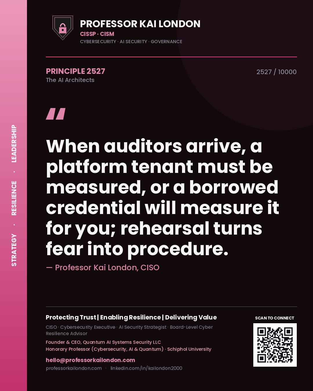 Quote card by Professor Kai London reading 'When auditors arrive, a platform tenant must be measured, or a borrowed credential will measure it for you; rehearsal turns fear into procedure.'. From the book The AI Architects.