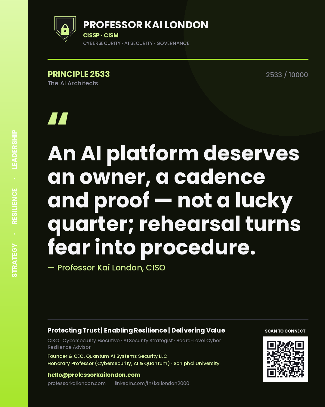 Quote card by Professor Kai London reading 'An AI platform deserves an owner, a cadence and proof — not a lucky quarter; rehearsal turns fear into procedure.'. From the book The AI Architects.