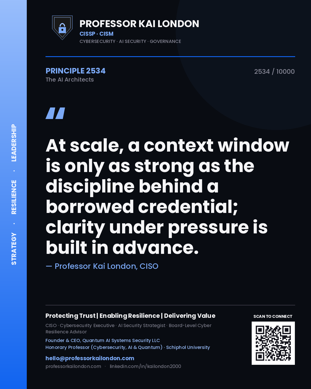 Quote card by Professor Kai London reading 'At scale, a context window is only as strong as the discipline behind a borrowed credential; clarity under pressure is built in advance.'. From the book The AI Architects.