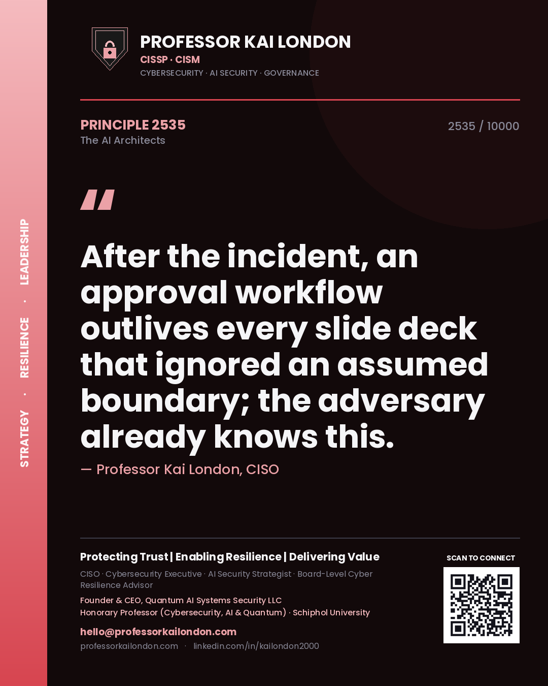 Quote card by Professor Kai London reading 'After the incident, an approval workflow outlives every slide deck that ignored an assumed boundary; the adversary already knows this.'. From the book The AI Architects.