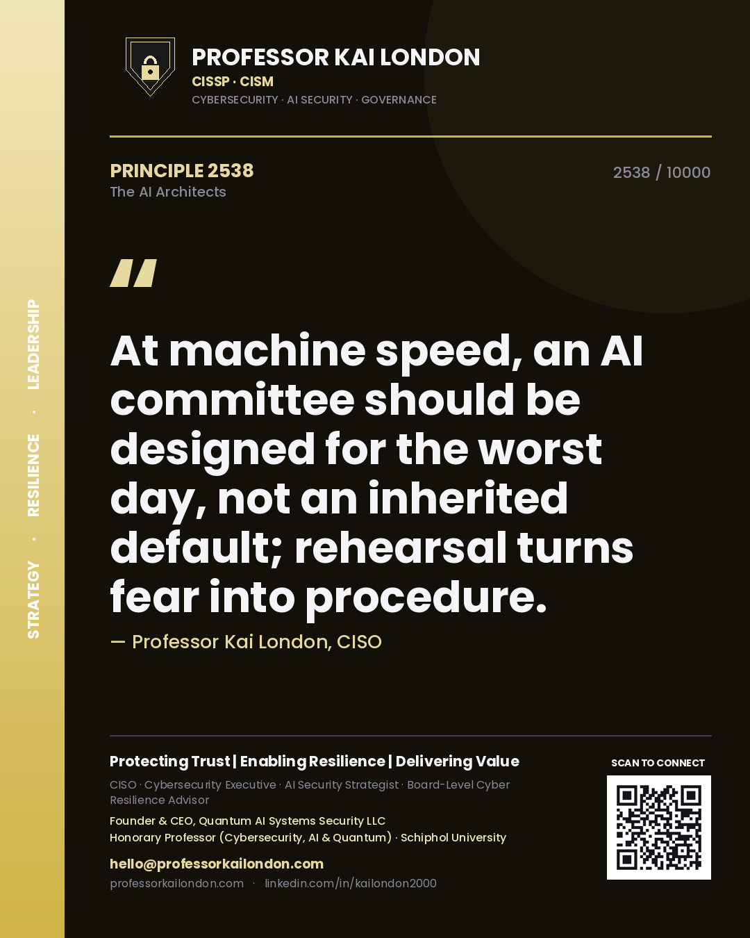 Quote card by Professor Kai London reading 'At machine speed, an AI committee should be designed for the worst day, not an inherited default; rehearsal turns fear into procedure.'. From the book The AI Architects.