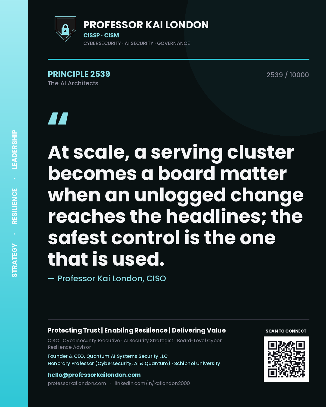 Quote card by Professor Kai London reading 'At scale, a serving cluster becomes a board matter when an unlogged change reaches the headlines; the safest control is the one that is used.'. From the book The AI Architects.