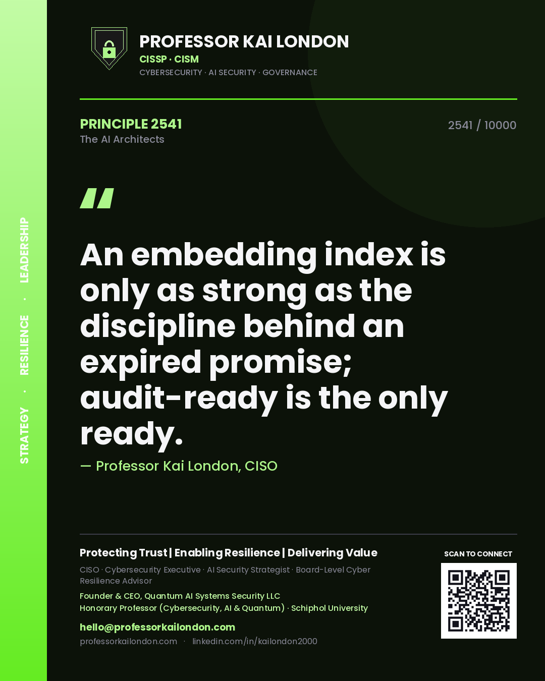 Quote card by Professor Kai London reading 'An embedding index is only as strong as the discipline behind an expired promise; audit-ready is the only ready.'. From the book The AI Architects.