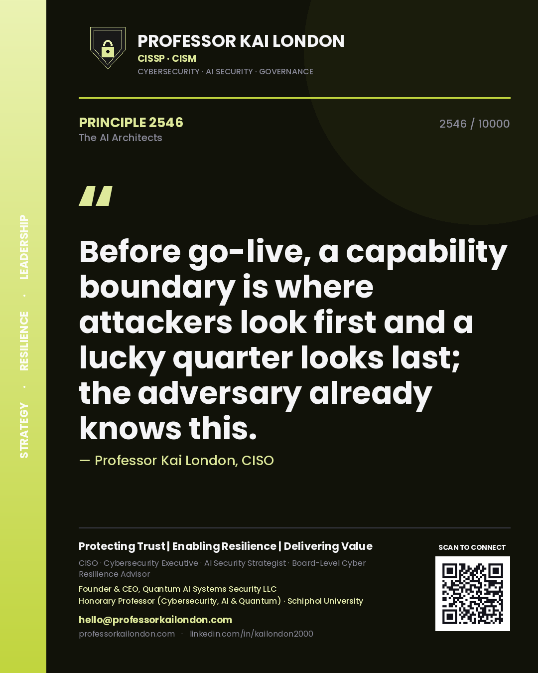 Quote card by Professor Kai London reading 'Before go-live, a capability boundary is where attackers look first and a lucky quarter looks last; the adversary already knows this.'. From the book The AI Architects.