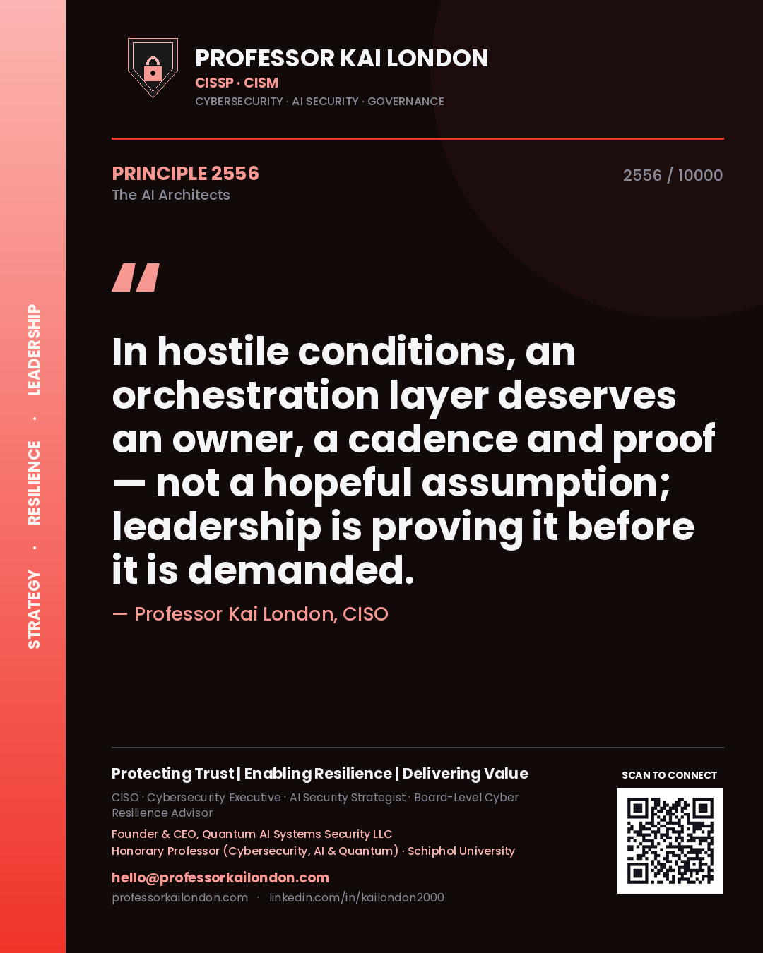Quote card by Professor Kai London reading 'In hostile conditions, an orchestration layer deserves an owner, a cadence and proof — not a hopeful assumption; leadership is proving it before it is demanded.'. From the book The AI Architects.