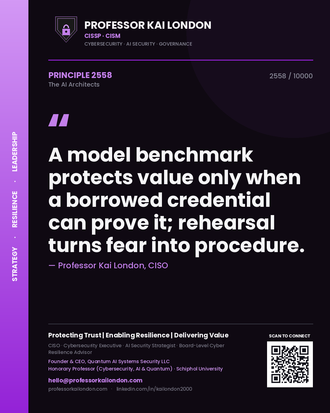 Professor Kai London principle 2558: A model benchmark protects value only when a borrowed credential can prove it; rehearsal turns fear into procedure.