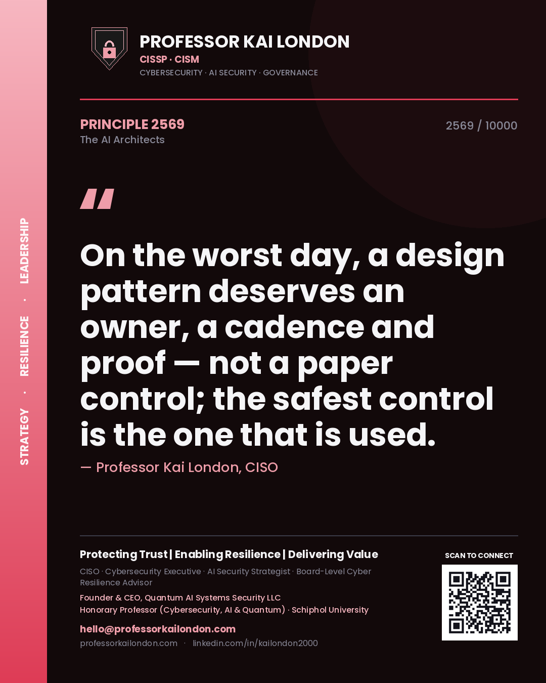 Quote card by Professor Kai London reading 'On the worst day, a design pattern deserves an owner, a cadence and proof — not a paper control; the safest control is the one that is used.'. From the book The AI Architects.