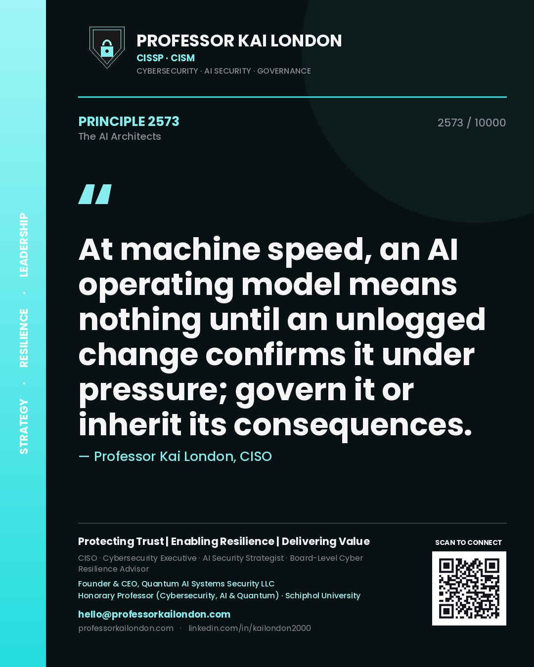 Quote card by Professor Kai London reading 'At machine speed, an AI operating model means nothing until an unlogged change confirms it under pressure; govern it or inherit its consequences.'. From the book The AI Architects.