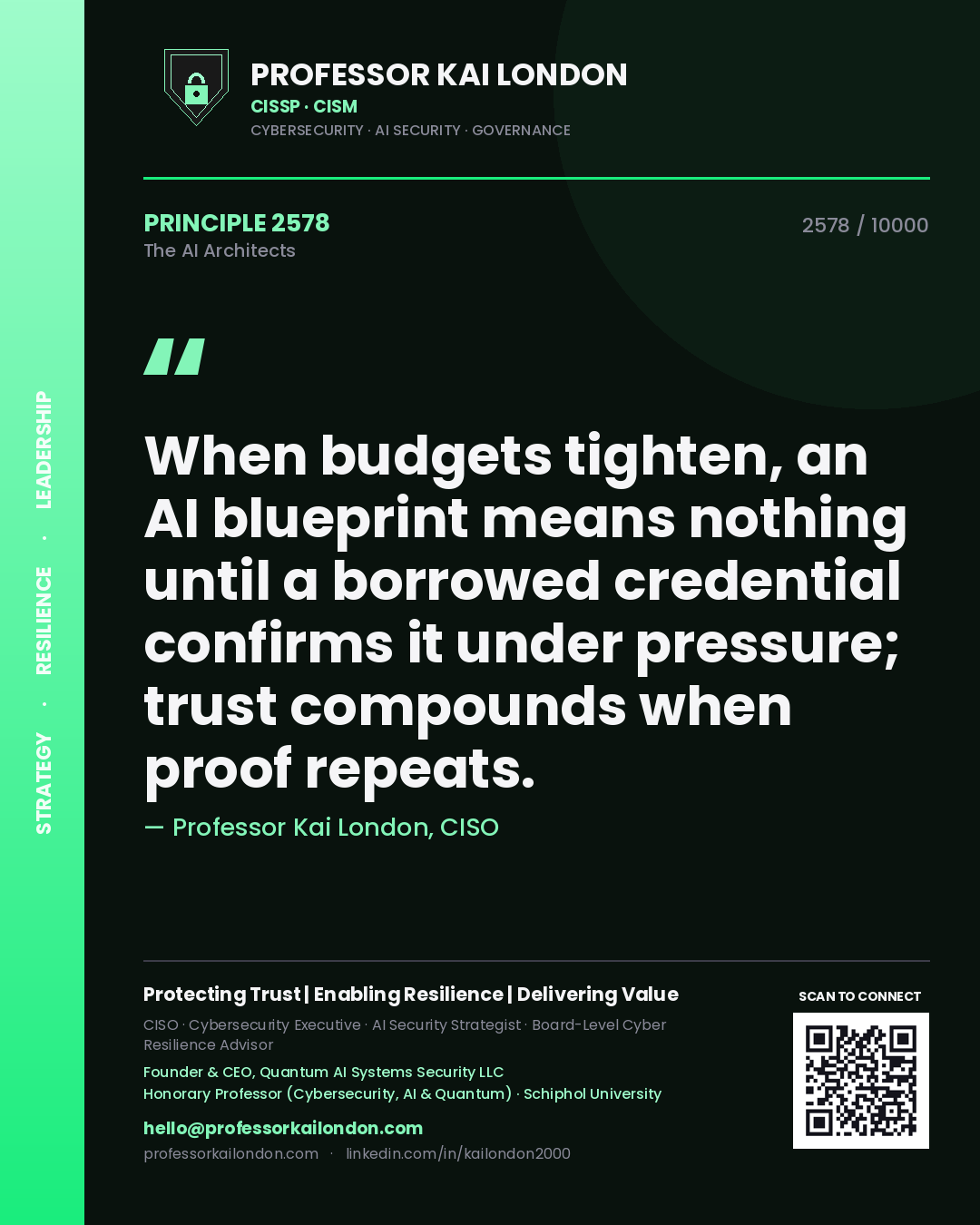 Quote card by Professor Kai London reading 'When budgets tighten, an AI blueprint means nothing until a borrowed credential confirms it under pressure; trust compounds when proof repeats.'. From the book The AI Architects.