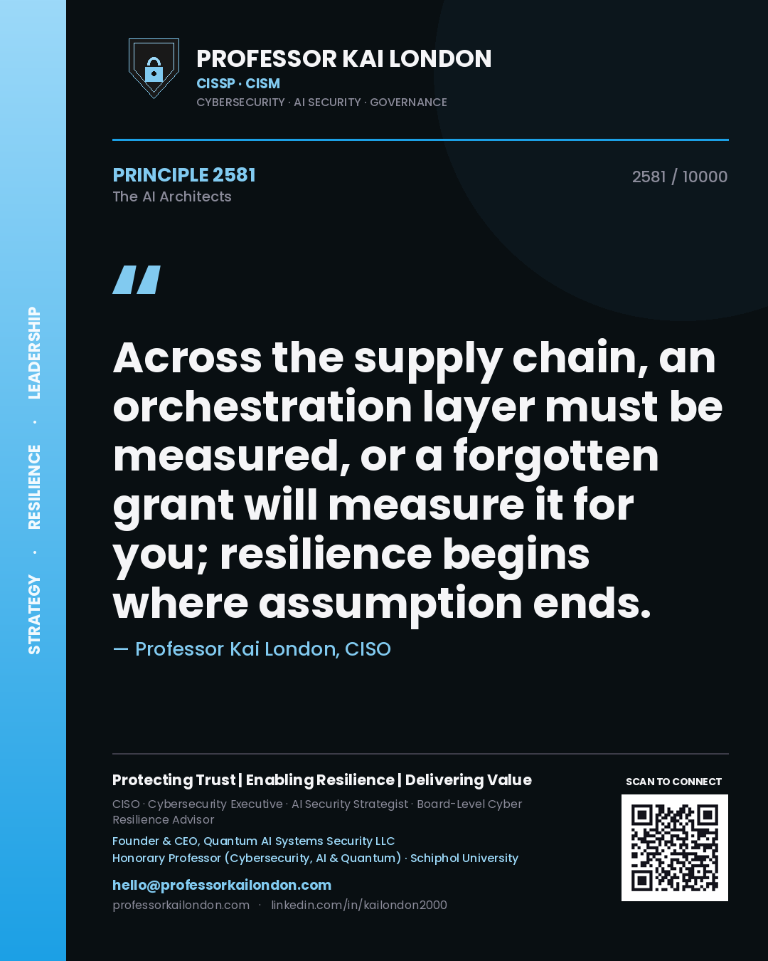 Quote card by Professor Kai London reading 'Across the supply chain, an orchestration layer must be measured, or a forgotten grant will measure it for you; resilience begins where assumption ends.'. From the book The AI Architects.
