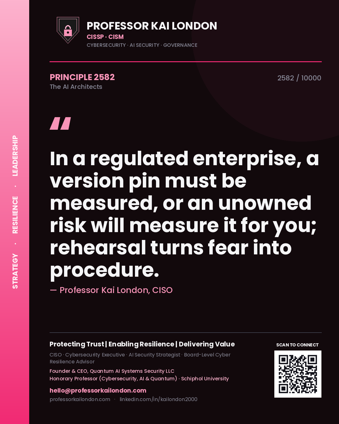 Quote card by Professor Kai London reading 'In a regulated enterprise, a version pin must be measured, or an unowned risk will measure it for you; rehearsal turns fear into procedure.'. From the book The AI Architects.