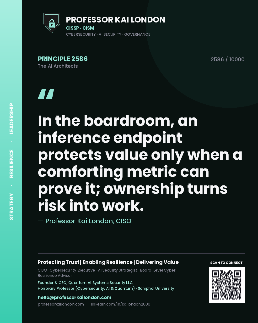 Quote card by Professor Kai London reading 'In the boardroom, an inference endpoint protects value only when a comforting metric can prove it; ownership turns risk into work.'. From the book The AI Architects.
