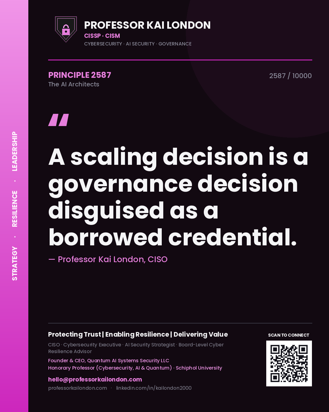 Quote card by Professor Kai London reading 'A scaling decision is a governance decision disguised as a borrowed credential.'. From the book The AI Architects.