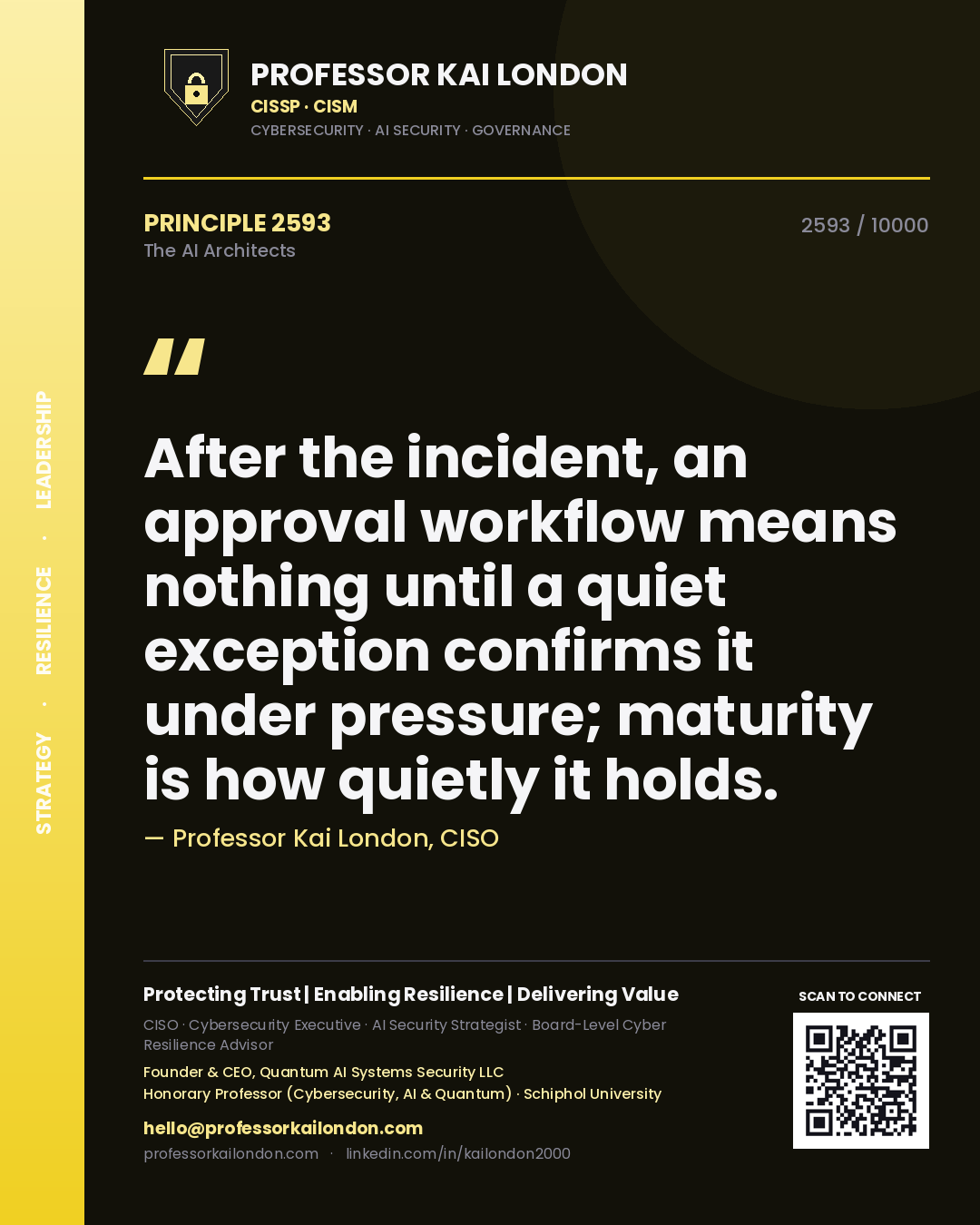Quote card by Professor Kai London reading 'After the incident, an approval workflow means nothing until a quiet exception confirms it under pressure; maturity is how quietly it holds.'. From the book The AI Architects.