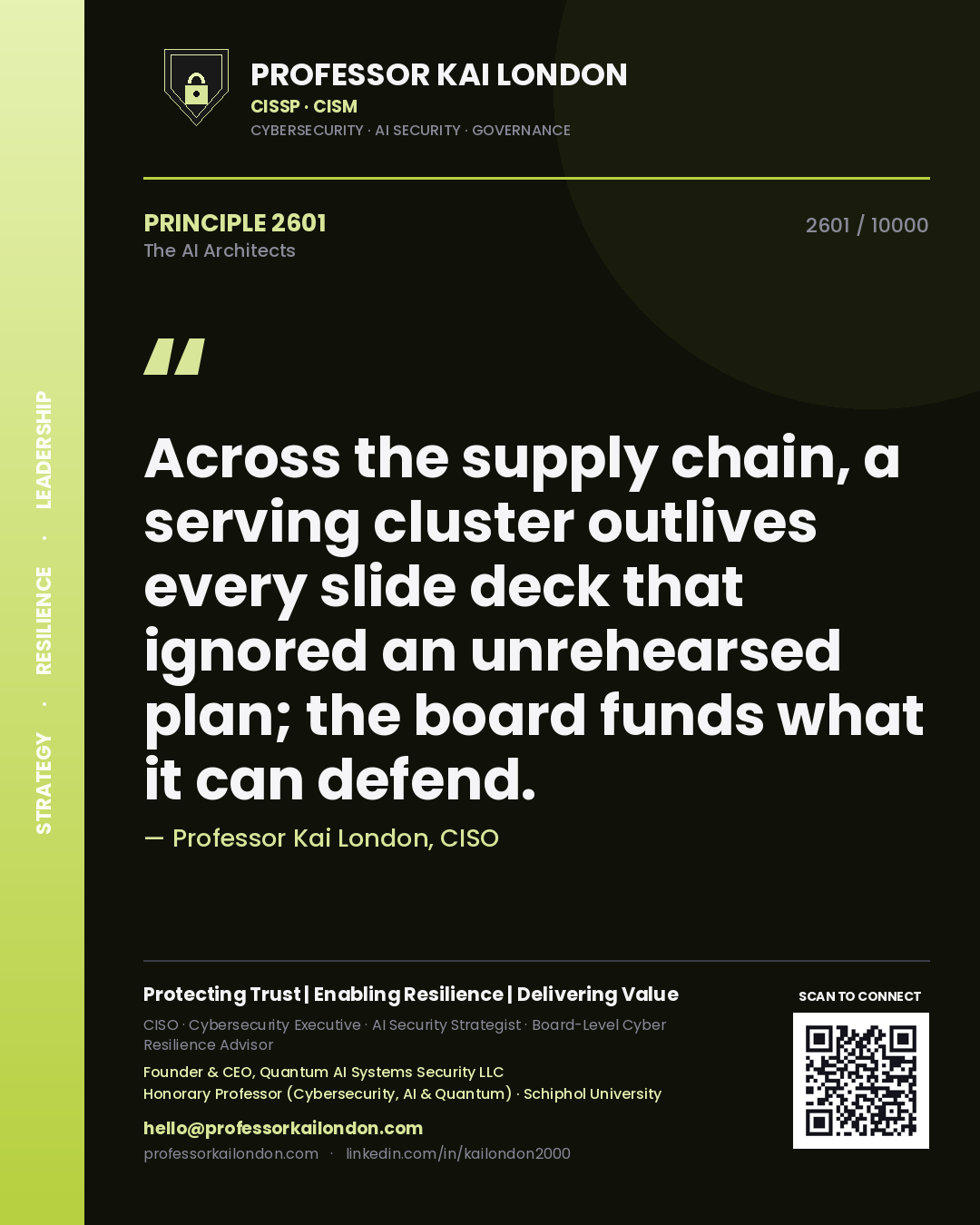 Quote card by Professor Kai London reading 'Across the supply chain, a serving cluster outlives every slide deck that ignored an unrehearsed plan; the board funds what it can defend.'. From the book The AI Architects.