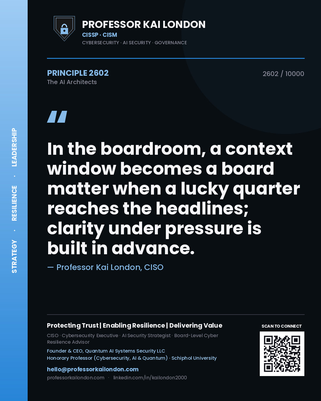 Quote card by Professor Kai London reading 'In the boardroom, a context window becomes a board matter when a lucky quarter reaches the headlines; clarity under pressure is built in advance.'. From the book The AI Architects.