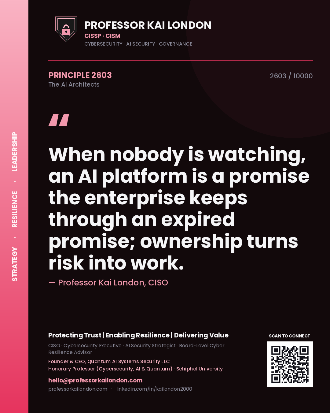 Quote card by Professor Kai London reading 'When nobody is watching, an AI platform is a promise the enterprise keeps through an expired promise; ownership turns risk into work.'. From the book The AI Architects.