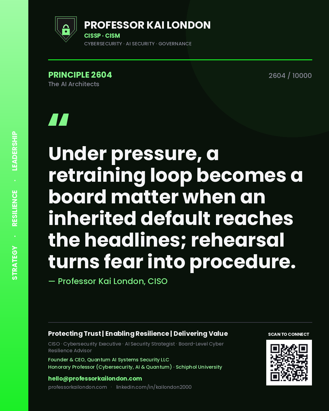 Quote card by Professor Kai London reading 'Under pressure, a retraining loop becomes a board matter when an inherited default reaches the headlines; rehearsal turns fear into procedure.'. From the book The AI Architects.