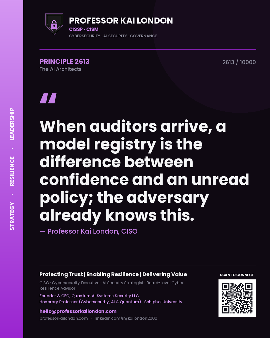 Quote card by Professor Kai London reading 'When auditors arrive, a model registry is the difference between confidence and an unread policy; the adversary already knows this.'. From the book The AI Architects.