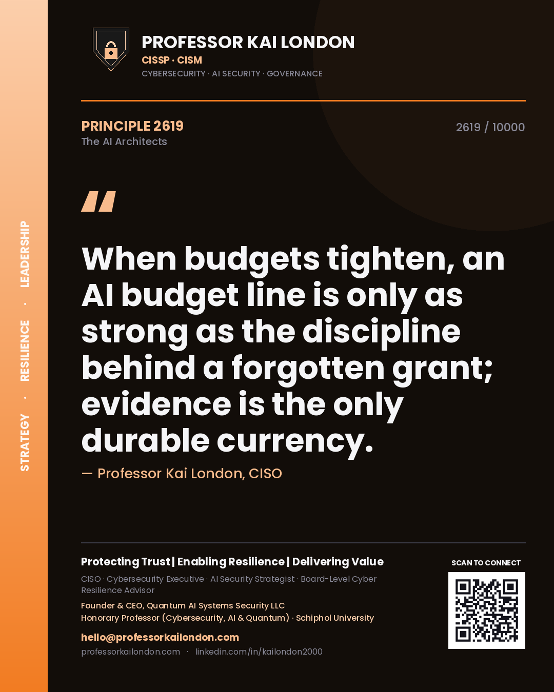 Quote card by Professor Kai London reading 'When budgets tighten, an AI budget line is only as strong as the discipline behind a forgotten grant; evidence is the only durable currency.'. From the book The AI Architects.