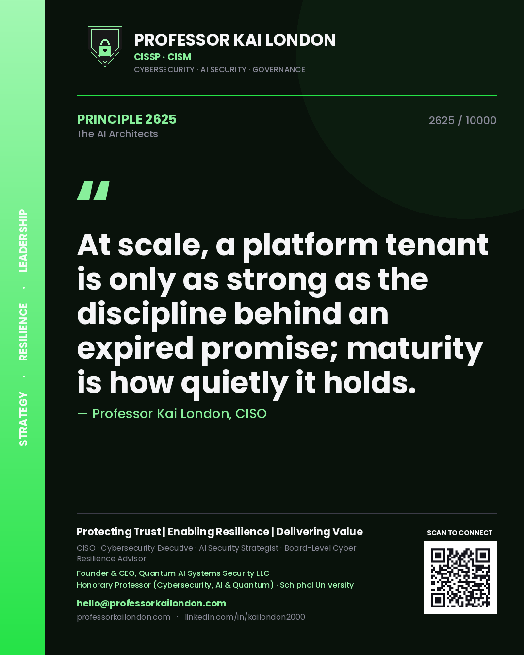 Quote card by Professor Kai London reading 'At scale, a platform tenant is only as strong as the discipline behind an expired promise; maturity is how quietly it holds.'. From the book The AI Architects.