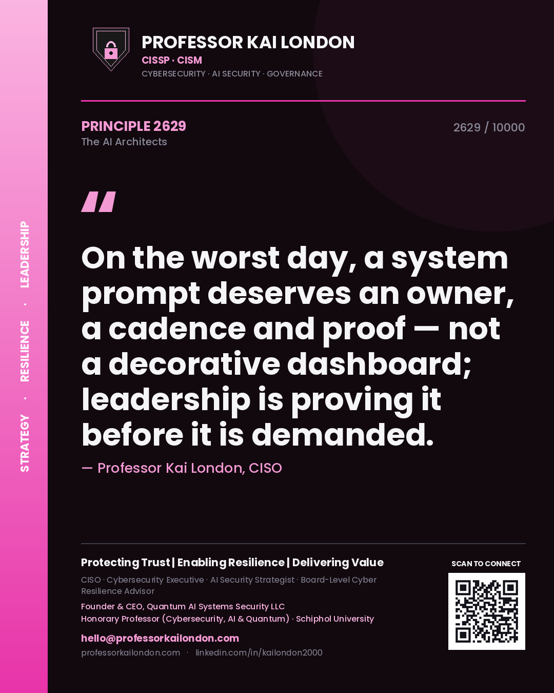 Quote card by Professor Kai London reading 'On the worst day, a system prompt deserves an owner, a cadence and proof — not a decorative dashboard; leadership is proving it before it is demanded.'. From the book The AI Architects.