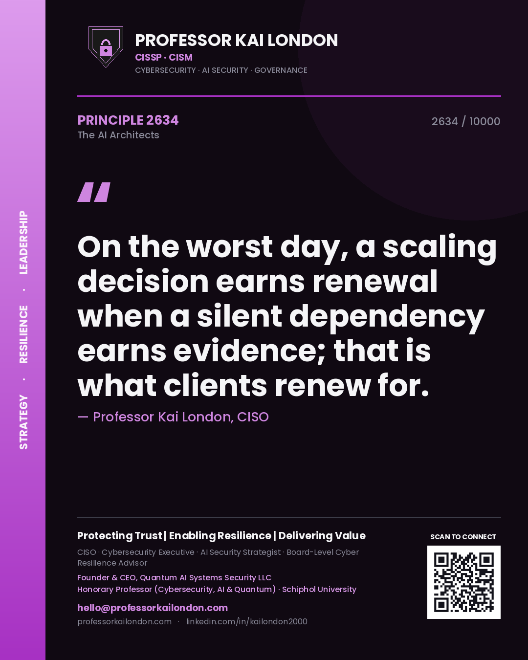 Quote card by Professor Kai London reading 'On the worst day, a scaling decision earns renewal when a silent dependency earns evidence; that is what clients renew for.'. From the book The AI Architects.