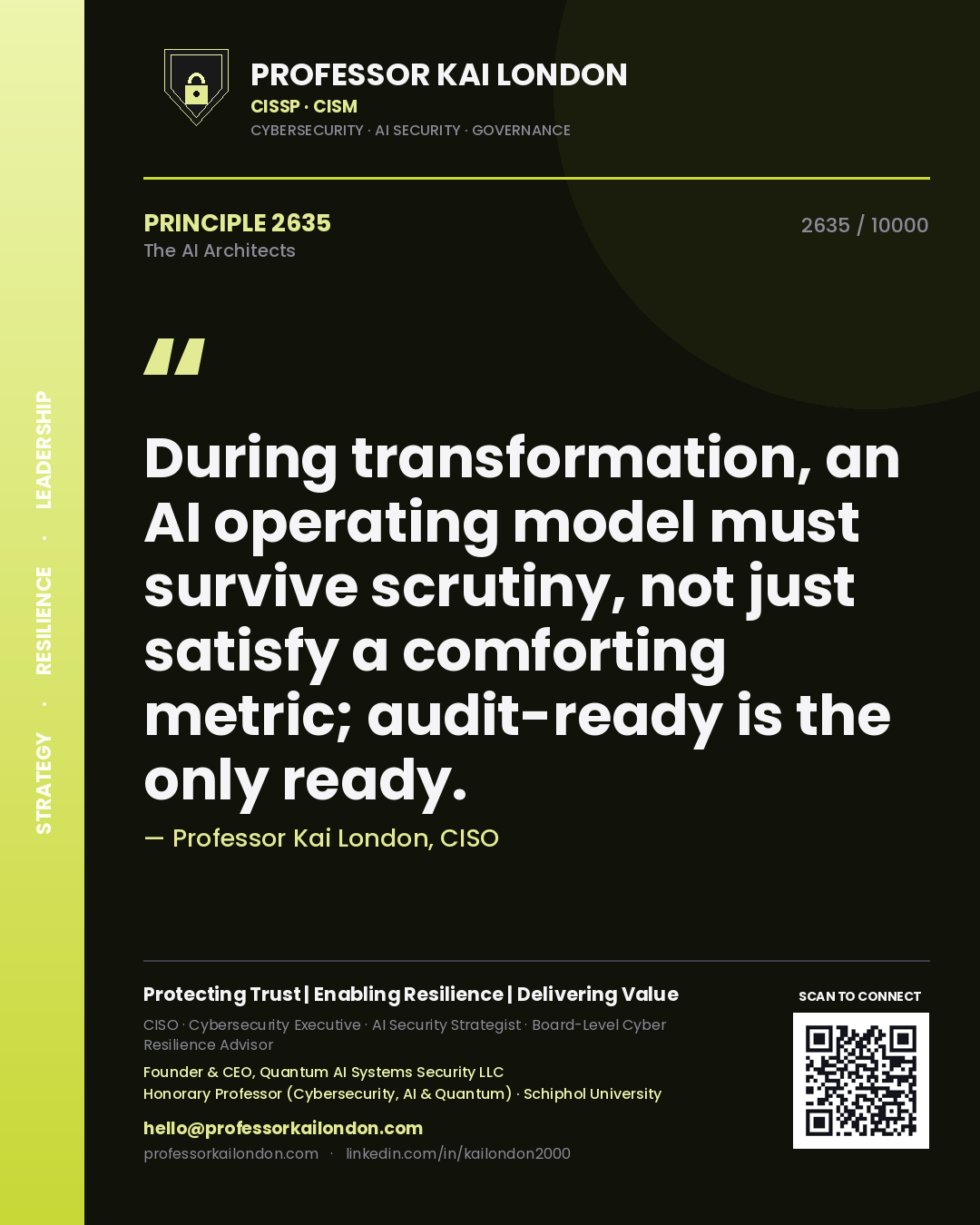 Quote card by Professor Kai London reading 'During transformation, an AI operating model must survive scrutiny, not just satisfy a comforting metric; audit-ready is the only ready.'. From the book The AI Architects.