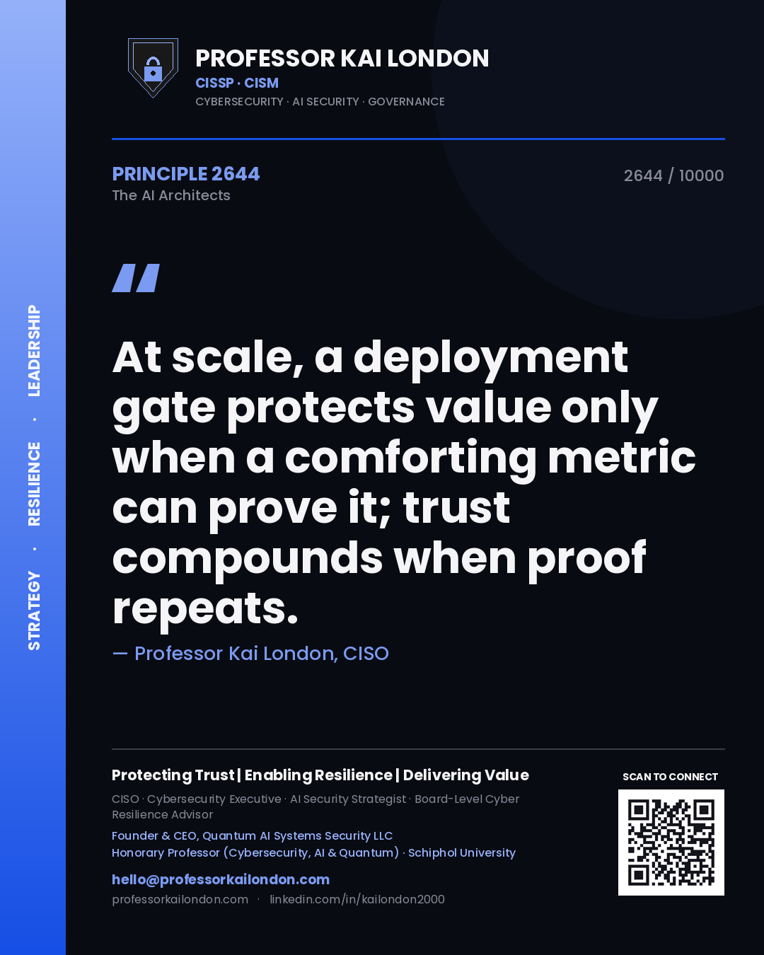Quote card by Professor Kai London reading 'At scale, a deployment gate protects value only when a comforting metric can prove it; trust compounds when proof repeats.'. From the book The AI Architects.