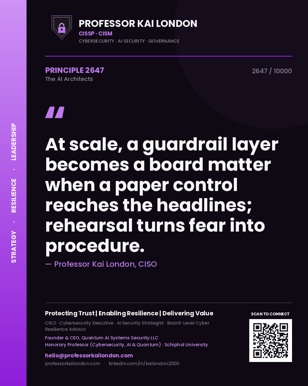 Quote card by Professor Kai London reading 'At scale, a guardrail layer becomes a board matter when a paper control reaches the headlines; rehearsal turns fear into procedure.'. From the book The AI Architects.
