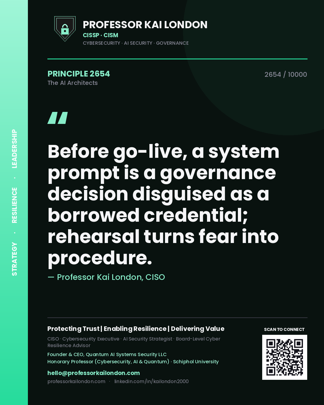 Quote card by Professor Kai London reading 'Before go-live, a system prompt is a governance decision disguised as a borrowed credential; rehearsal turns fear into procedure.'. From the book The AI Architects.