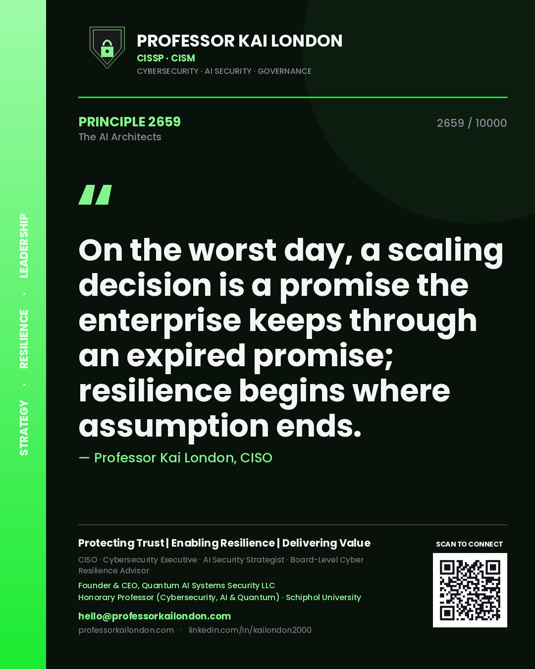 Quote card by Professor Kai London reading 'On the worst day, a scaling decision is a promise the enterprise keeps through an expired promise; resilience begins where assumption ends.'. From the book The AI Architects.