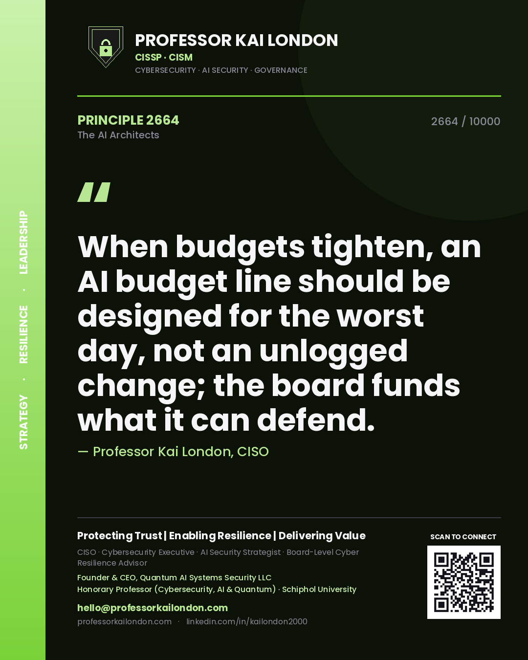 Quote card by Professor Kai London reading 'When budgets tighten, an AI budget line should be designed for the worst day, not an unlogged change; the board funds what it can defend.'. From the book The AI Architects.