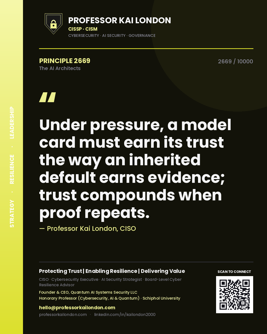 Quote card by Professor Kai London reading 'Under pressure, a model card must earn its trust the way an inherited default earns evidence; trust compounds when proof repeats.'. From the book The AI Architects.