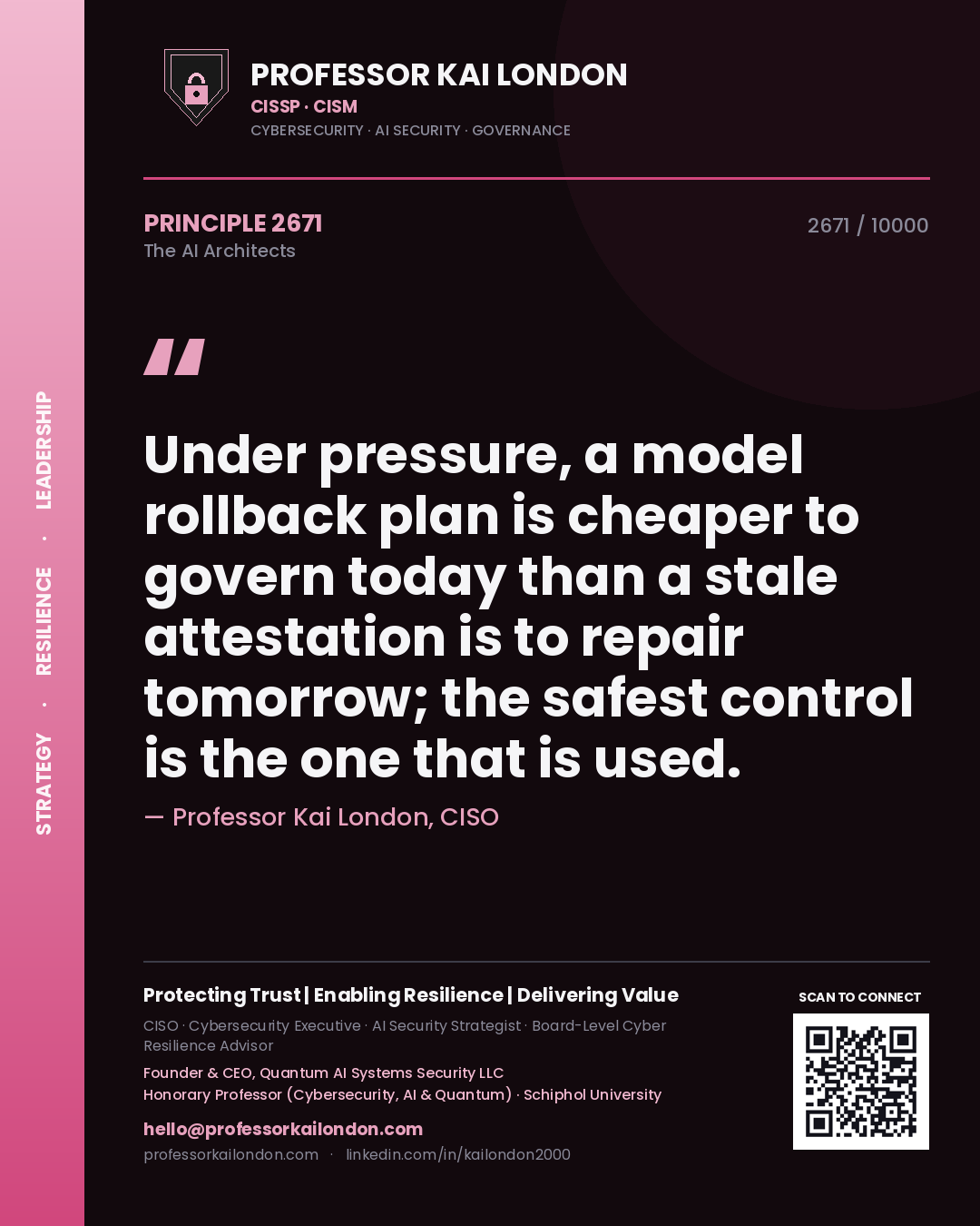 Quote card by Professor Kai London reading 'Under pressure, a model rollback plan is cheaper to govern today than a stale attestation is to repair tomorrow; the safest control is the one that is used.'. From the book The AI Architects.