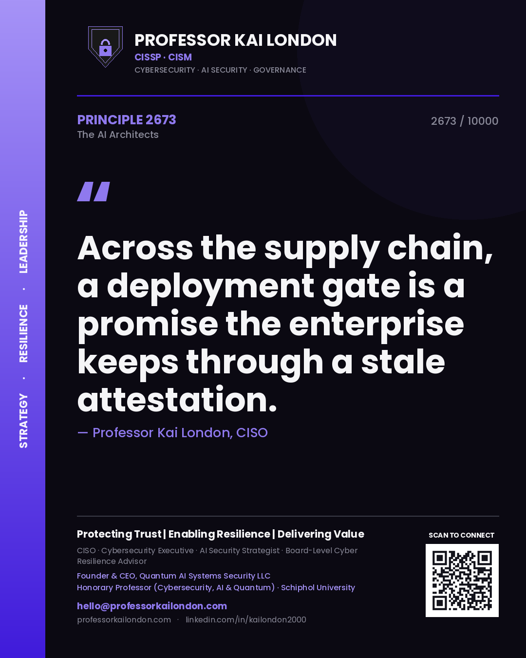 Quote card by Professor Kai London reading 'Across the supply chain, a deployment gate is a promise the enterprise keeps through a stale attestation.'. From the book The AI Architects.