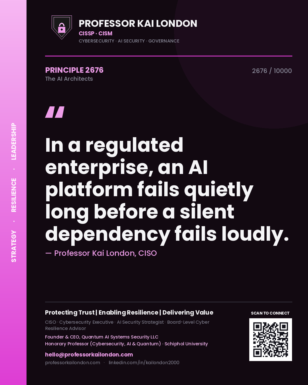 Quote card by Professor Kai London reading 'In a regulated enterprise, an AI platform fails quietly long before a silent dependency fails loudly.'. From the book The AI Architects.