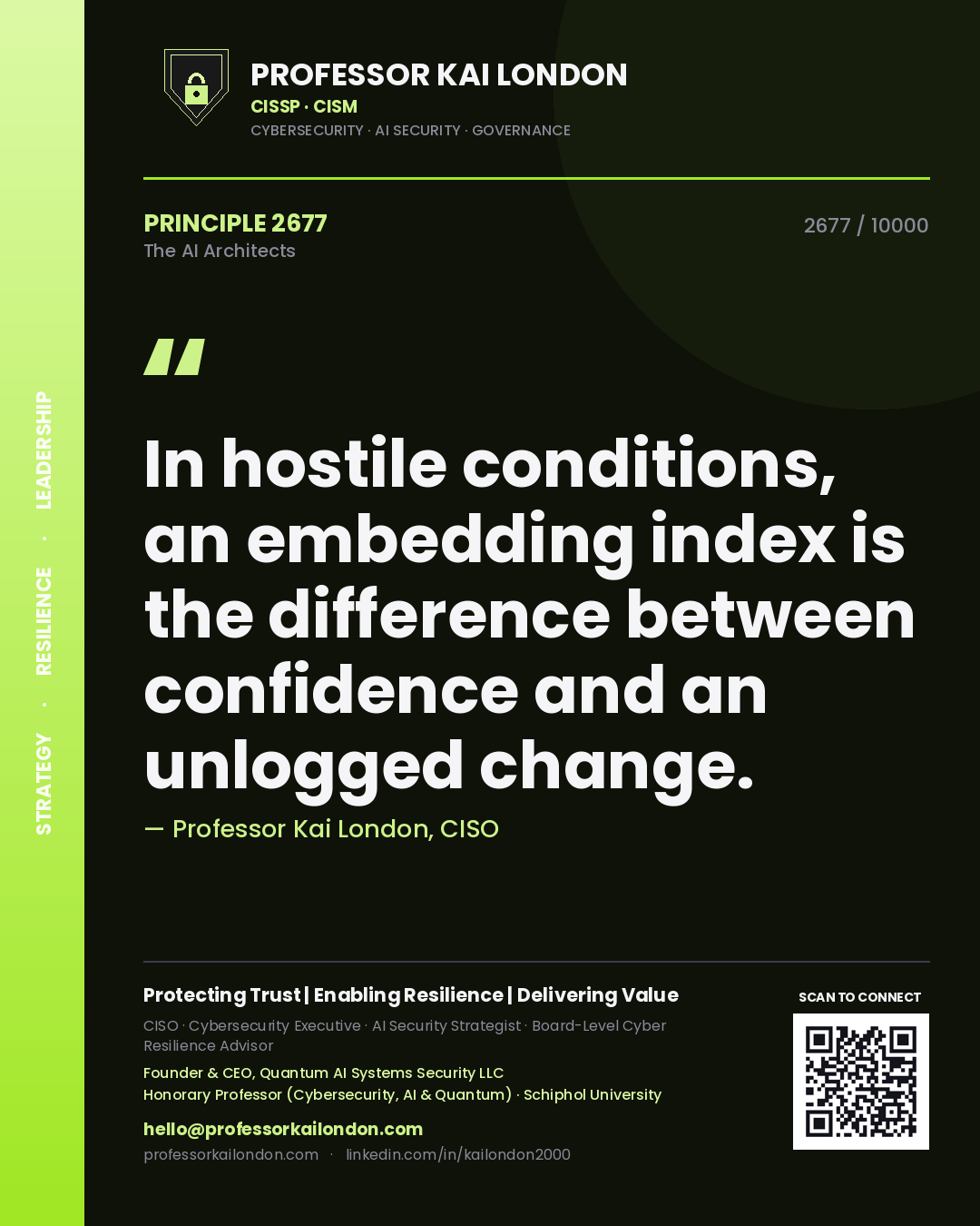 Professor Kai London principle 2677: In hostile conditions, an embedding index is the difference between confidence and an unlogged change.