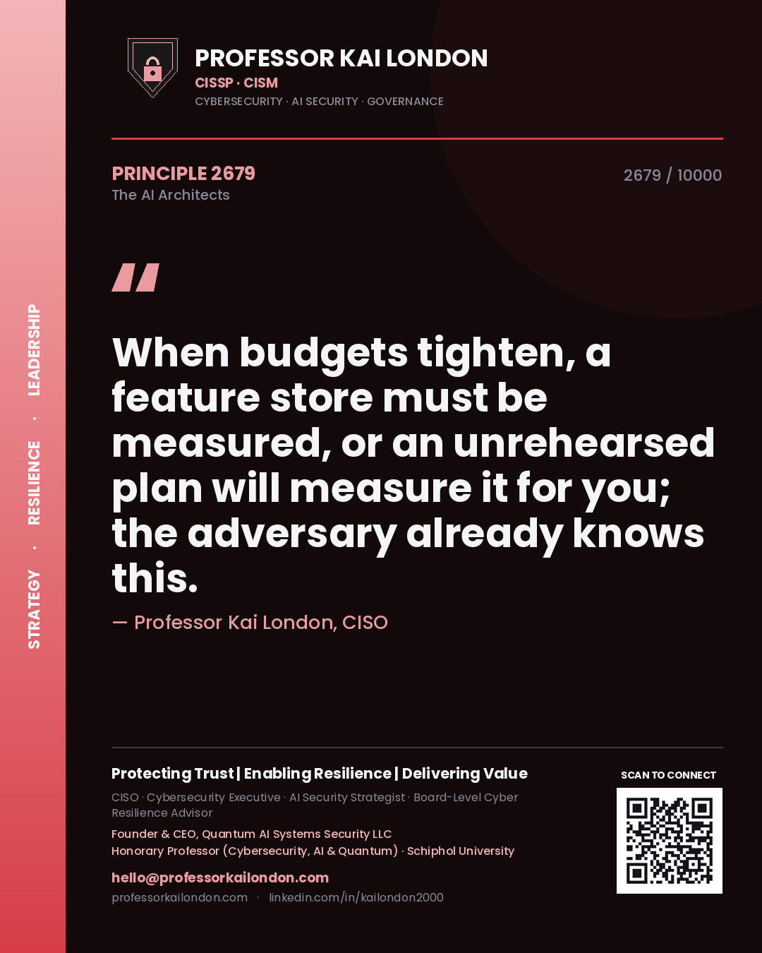 Quote card by Professor Kai London reading 'When budgets tighten, a feature store must be measured, or an unrehearsed plan will measure it for you; the adversary already knows this.'. From the book The AI Architects.