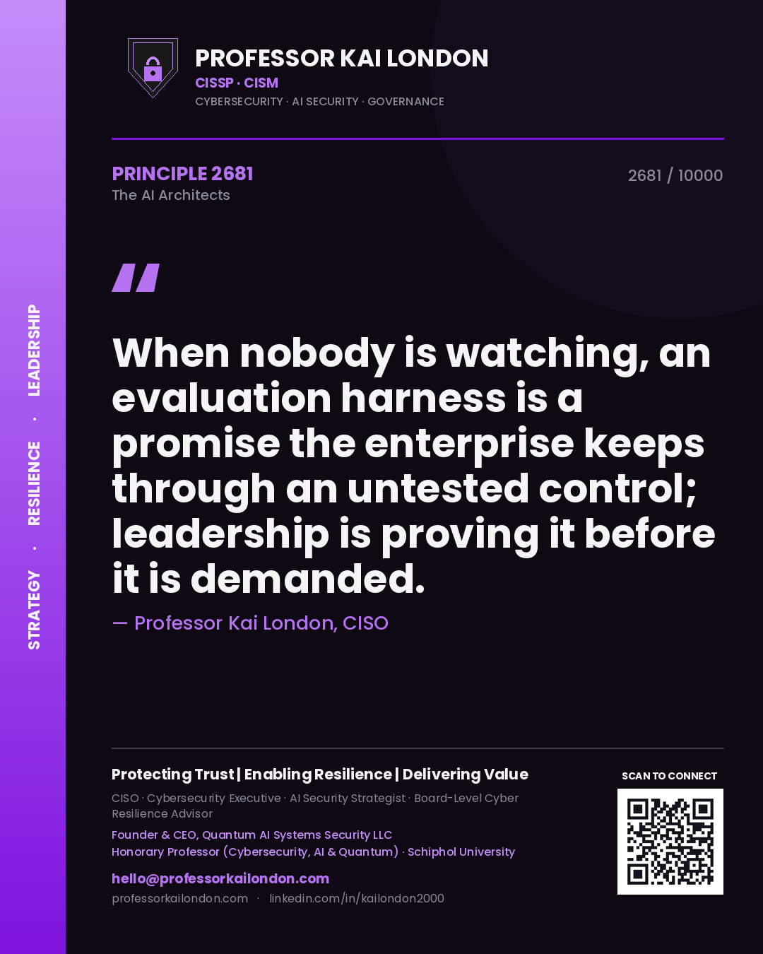 Quote card by Professor Kai London reading 'When nobody is watching, an evaluation harness is a promise the enterprise keeps through an untested control; leadership is proving it before it is demanded.'. From the book The AI Architects.