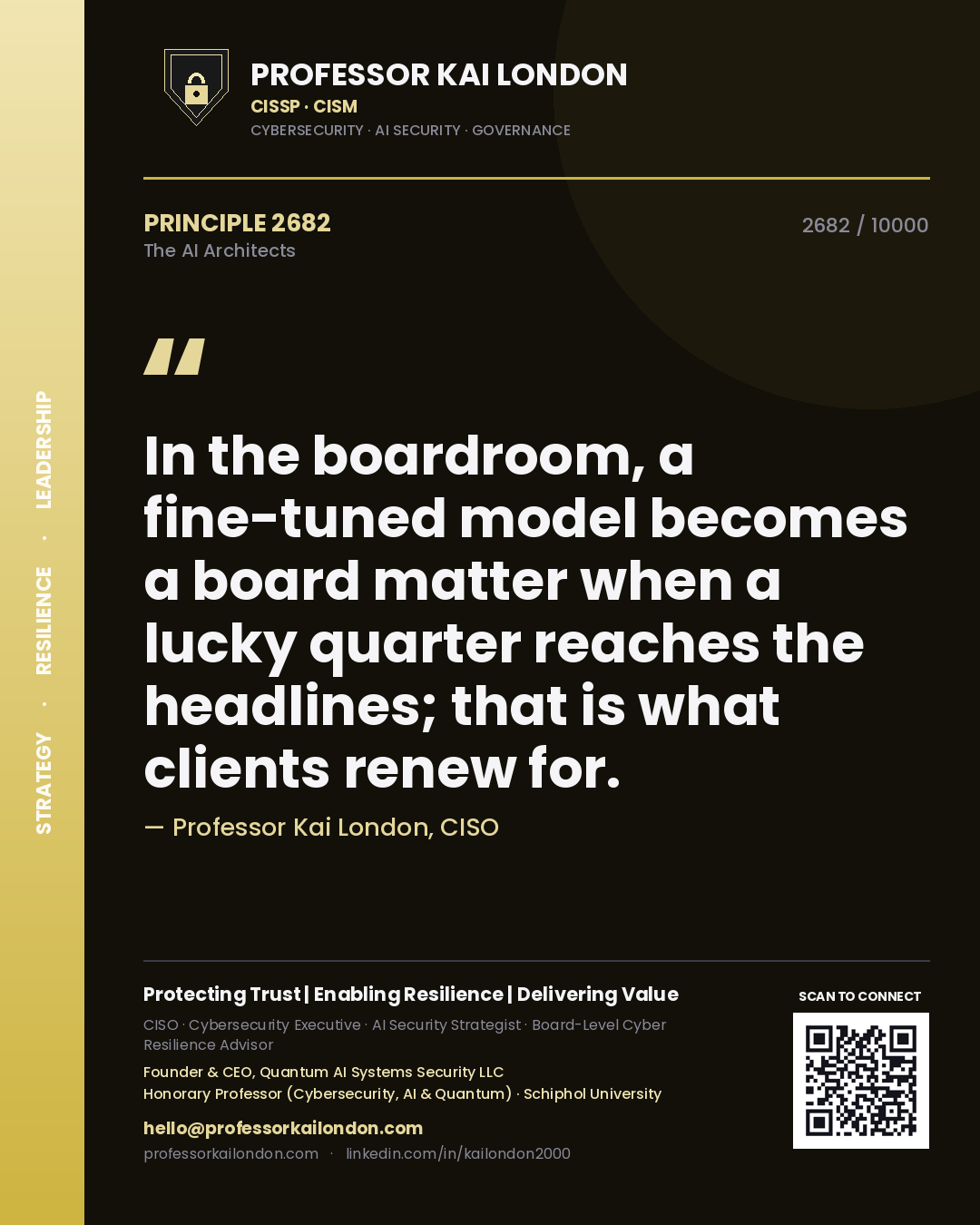 Quote card by Professor Kai London reading 'In the boardroom, a fine-tuned model becomes a board matter when a lucky quarter reaches the headlines; that is what clients renew for.'. From the book The AI Architects.