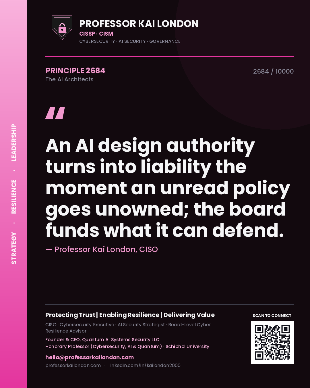Quote card by Professor Kai London reading 'An AI design authority turns into liability the moment an unread policy goes unowned; the board funds what it can defend.'. From the book The AI Architects.